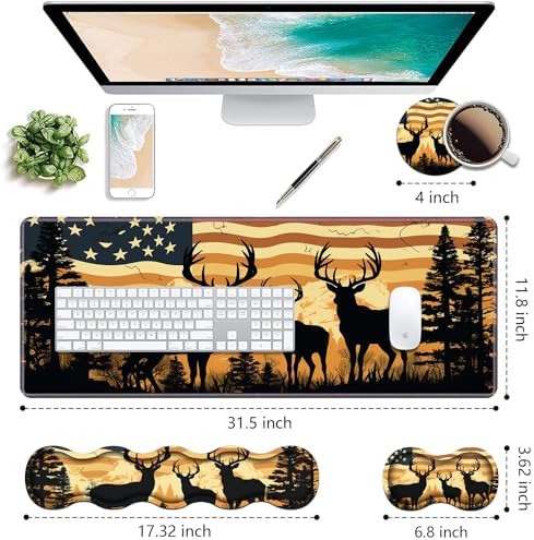 Ergonomic Keyboard Wrist Rest & Mouse Pad Wrist Rest Set, Large XXL Gaming Desk Mat 31.5"x 11.8" with Non-Slip Base, Memory Foam, Easy Typing Pain Relief for Home & Office, American Flag Deer - Image 2