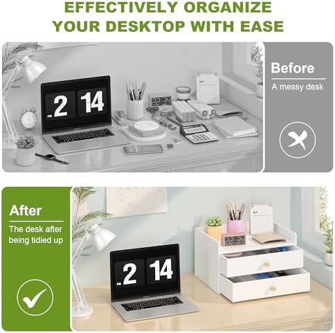 Wisuce Bamboo Desk Organizer with Drawers for Tabletop Storage (White with 2 Drawers) - Image 7
