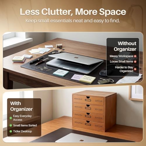 Flexzion Wood Desktop Organizer with Drawers, Desktop Storage Drawers Wood Cabinet, 4-Drawer Wooden Card Catalog Cabinet for Office, Crafts, Jewelry, Stationery, Vintage Brown (Pack of 2) - Image 5