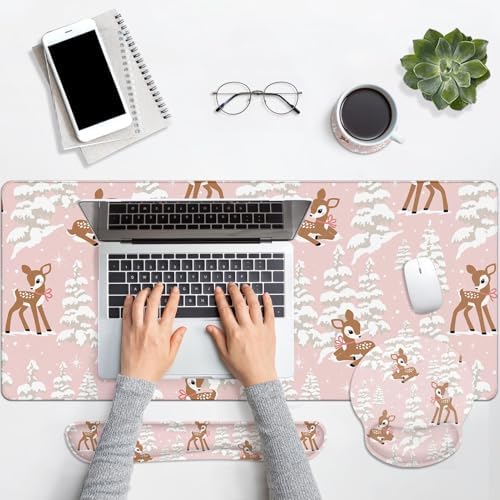 Britimes Keyboard Mouse Pad Set, 4 in 1 Desk Mat Set, Winter Cute Fawn - Image 4