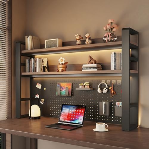 Desk Shelf Organizer for Top of Desk – Desktop Bookshelf with Pegboard & Storage Accessories, Adjustable Hutch for Dorm or Office, Steel Frame Display S Black frame + dark brown board 29.5*9.8*36.6in by Unknown