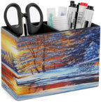PU Leather Multi-Compartment Pen Holder Desktop Organizer Pencil Cup Storage Caddy for Office Home Supplies Winter Sunset Woods by Unknown