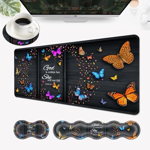 Desk Mat, Mouse Pad with Wrist Rest, 4-in-1 Large Mouse Pads for Desk, Ergonomic Mouse Pad and Keyboard Wrist Rest Gaming Keyboard Mat for Office,Color Butterfly Psalm by EFGWSDER