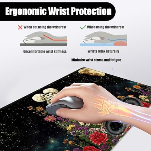 Mouse Pad,Large Desk Mat Set, 4in1 XL Mousepad + Keyboard Wrist Rest+Mouse Wrist Rest+Coaster with Ergonomic Desk Pad for Home Office Table Computer Cover -Skeleton Floral - Image 5