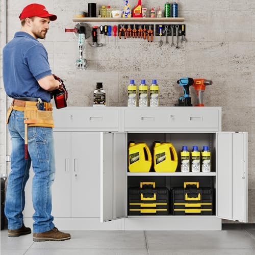 BESFUR Metal Storage Cabinet with Doors and Shelves, 36" H Locking Storage Cabinet with 1 Drawers, Reinforced Heavy Duty Metal Cabinets for Garage, Office, Home(White) - Image 2