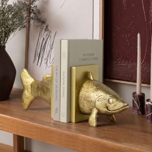 Fish Bookends for Shelves, Decorative Resin Fish Book Ends with Hand-Painted Finish, Heavy Duty Non-Slip Bookends for Bookshelves, Desk Decor for Home Office (Gold) - Image 2