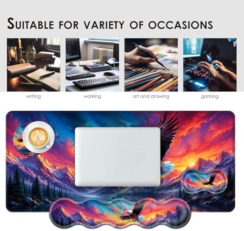 Large Keyboard Mouse Pad Set, Extended Mouse Pad+Keyboard Wrist Rest Support, Memory Foam Ergonomic Easy Typing, 4Pcs (31.5×11.8 in) Desk Pad Set for Office Home,Beautiful Bald Eagle Flying - Image 7