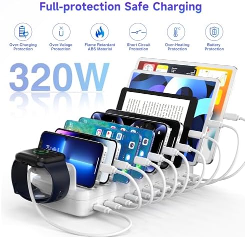 320W Charging Station for Multiple Devices, 10 Ports Fast Multi-Device Charger Organizer Compatible with MacBook Pro Laptop, iPhone, Android, Ipad, Tablet, Kindle, Family Multi-Device Charging Dock - Image 5