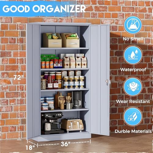 Greenvelly Metal Storage Cabinet with Doors, 72" Lockable Steel Garage Storage Cabinet with Shelves, Dark Grey 36" W x 18" D - Image 4