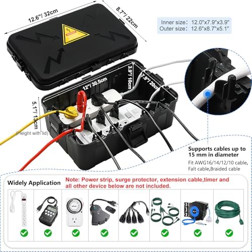 Hrensaw Large Outdoor Electrical Box Waterproof(12.5x8.5x5inch),IP54 Waterproof Outdoor Outlet Covers,Weatherproof Extension Cord Covers Protect Outlet,Plug,Timer,Power Strip,Holiday Light,Black - Image 2