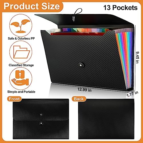 Patelai 6 Pack File Folder Organizer 13 Pocket Expanding File Folder A4 Letter Size Paper Document Receipt Organizer with Labels and Colored Inside Pages for Classroom, Home, Office and Travel, Black - Image 2