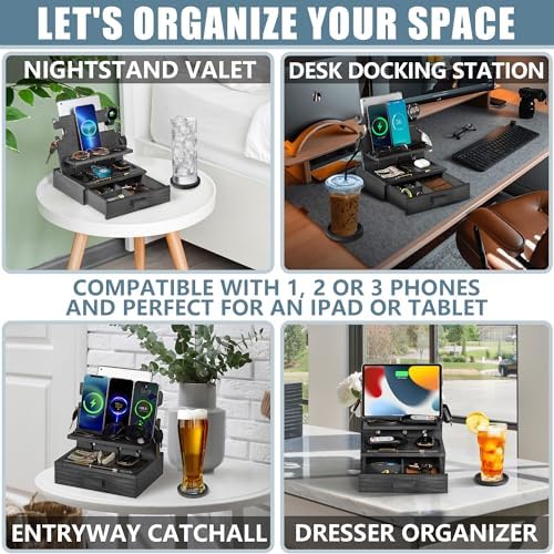 Black Wood Phone Docking Station for up to 3 Phones, Samsung Galaxy Watch Compatible Nightstand Organizer with Drawer for Valuables for Men & Women, Holds Phones, Tablets, Keys, Rings, Glasses, EDC - Image 2