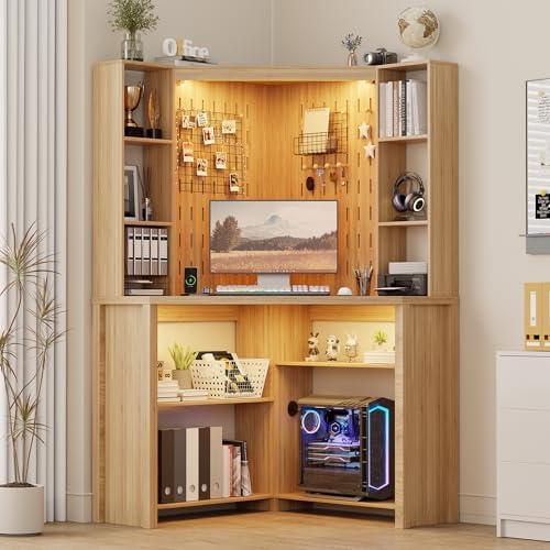 Corner Computer Desk with Hutch & Shelves and LED Reading Lights, Natural by LVifurSmartFurniture