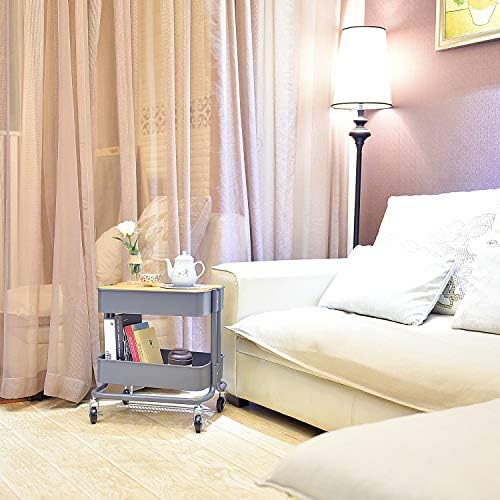 Melody House 2-Tier Metal Utility Rolling Cart Storage Side End Table with Cover Board for Office Home Kitchen Organization, Dark Gray - Image 2