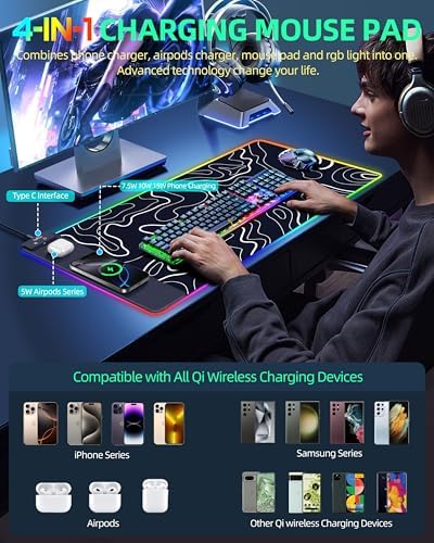 Wireless Charging Mouse Pad, RGB Gaming Mousepad, 31.5"x15.7" in - Image 3