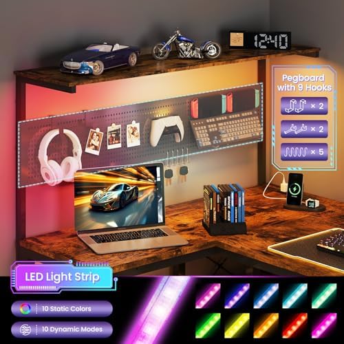 47in L Shaped Gaming Desk with Pegboard & Shelf & Storage Bag, Rustic Brown - Image 4