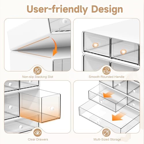 Desk Organizer with 9 Drawers, 4 Tiers Stackable Storage Drawers, Desktop Storage Box with Clear Drawers for Stationery, Makeup, Jewelry, Office and Craft Supplies (White) - Image 4