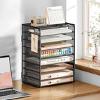 SUBEKYU 9 Tier Paper Organizer for Desk - Black Metal Mesh Letter Tray File Paper Sorter Organizer Include 6 Pcs Adjustable Height Slid Tray with Handles for Office School Home Organization Storage - Image 5
