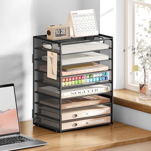 SUBEKYU 9 Tier Paper Organizer for Desk - Black Metal Mesh Letter Tray File Paper Sorter Organizer Include 6 Pcs Adjustable Height Slid Tray with Handles for Office School Home Organization Storage - Image 5