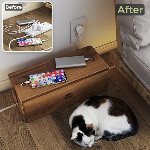 Large Cable Management Box Acacia Wood Cord Organizer Power Strip & Cables - Image 3