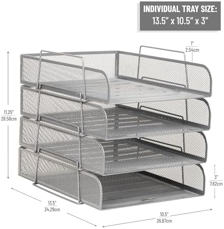 Mind Reader Stackable Paper Tray, Desktop Organizer, File Storage, Office, Metal Mesh, 10.5" L x 13.5" W x 11.25" H, 4 Pcs., Silver - Image 3