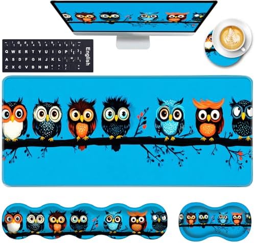 Keyboard Wrist Rest and Mouse Pad with Wrist Support Set Ergonomic Coaster,Memory Foam,Easy Typing Pain Relief,Large XL Desk Mat 31.5"x 11.8",Cute Owls on a Branch by CICPLKSE