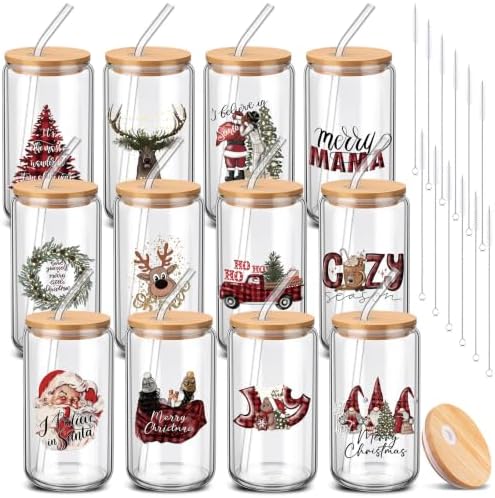 12 Sets Christmas Glass Cups Gifts 16 oz Red Black Buffalo Plaid Glass Cups with Lids and Straws Santa Gnomes Tumbler Christmas Gift for Women Man Friends Coworkers Xmas Party Favors by Yetene