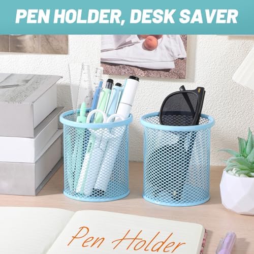 Segarty Pen Holer, 12 Pack Round Light Blue Pencils Holder for Desk, Metal Mesh Pen Cup Container Marker Organizer Set for Office, School, Home, Desktop Storage and Organization - Image 5