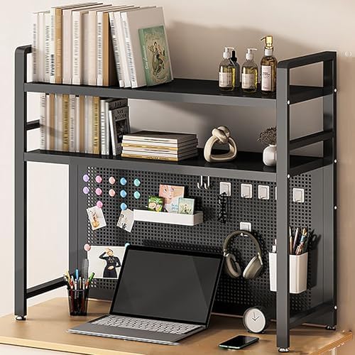 2-Tier Dorm Desk Hutch Top Only Desktop Bookshelf Metal Storage Display Rack Countertop Organizer Over Computer Desk Shelf for Dorm Office with Pegboard and Hooks Set,Black,W 37″/95cm by Unknown