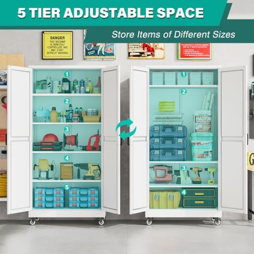 Wide & Deep Metal Storage Cabinet with Wheels,72 inch Tall Rolling Garage Storage Cabinet,Metal Cabinets with Wheels and Shelves, Deep Heavy Duty Tool Cabinet for Garage,Home,Office,Shop (White) - Image 6