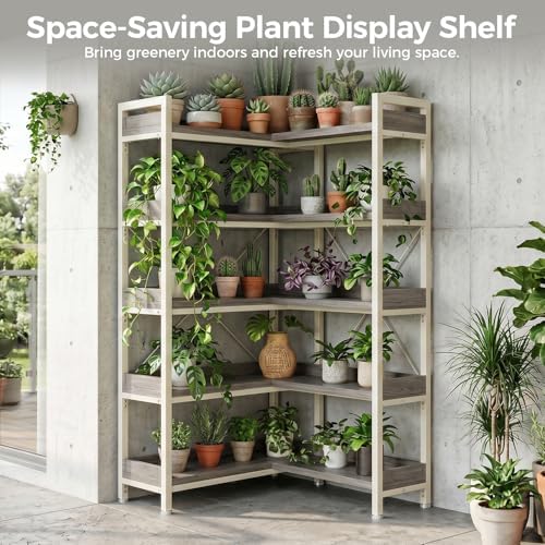 GTPLAYER 5-Tier Corner Bookshelf, L-Shaped Metal Frame Shelf with Tall 14" Shelves, Plant Stand and Storage Rack for Small Spaces, Living Room and Home Office, Gray & White - Image 3