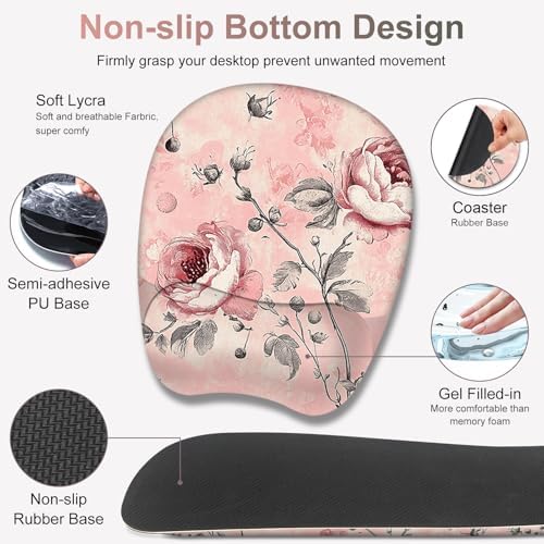 4 in 1 Large Mouse Pad, Keyboard Wrist Rest Set, Ergonomic Mouse Pad with Wrist Support, Desk Mat with Stitched Edges Extended Desk Pad Waterproof Desk Mat for Home Office Game I Pink Rose Flowers - Image 4