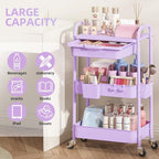 KINGRACK 3 Tier Metal Rolling Cart with Drawer, Purple Utility Storage Cart - Image 3