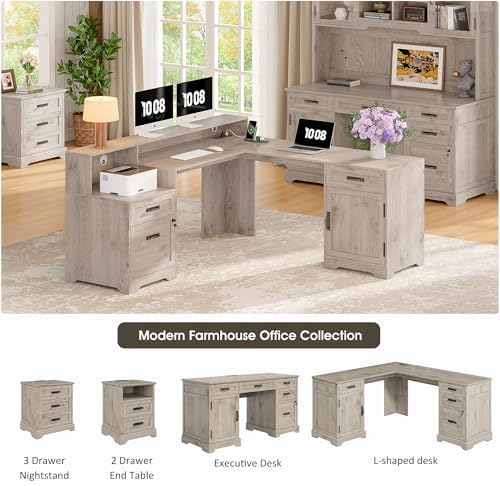 Whalefall 63'' Farmhouse L Shaped Desk with Monitor Stand Shelves, Gray - Image 3