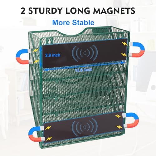EASEPRES Magnetic 5 Pocket Mesh Hanging File Organizer, Wall Mounted Mail Paper Document Folder Holder, Clipboard Storage Organization Magazine Rack with Nametag Label for Office School, Dark Green - Image 2