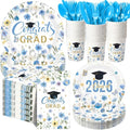 400 Pcs Class of 2026 Light Blue Graduation Decoration Floral for 50 Guests, Flower Blue Gold Graduation Paper Plates Napkins Cups Cutlery Grad Tableware for 2026 Congrats Grad Party Supply by Sunnychicc