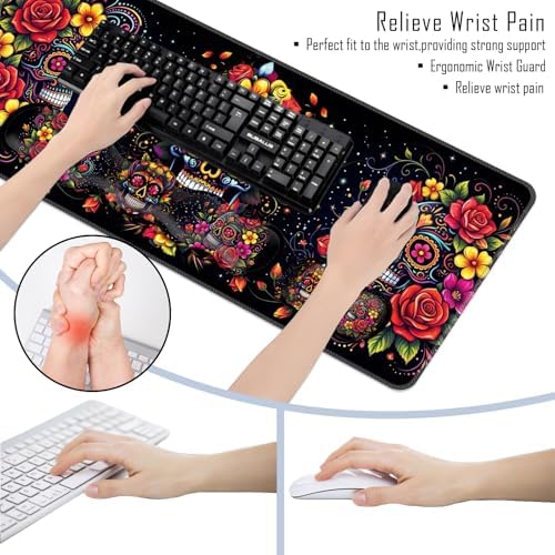 TGFEWYTJYJ Extended Gaming Mouse Pad,Memory Foam Ergonomic Keyboard Mouse Wrist Rest Support Set,Large Desk Mat with Stitched Edges,Non-Slip Base Mousepad Home Office,Skull in Flowers - Image 6