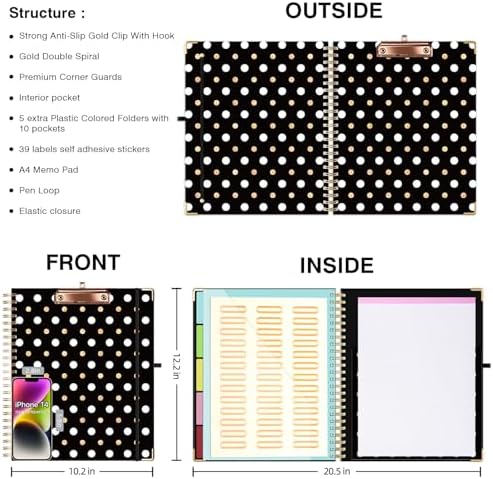Ospelelf Clipboard with Storage 8.5 X 11，Padfolio Organizer, Spiral Portfolio Letter Size with Notepad, Pen Holder, 5 Extra Folder Divider Pages, Elastic Closure Nurse Office Essentials Black Gold - Image 2