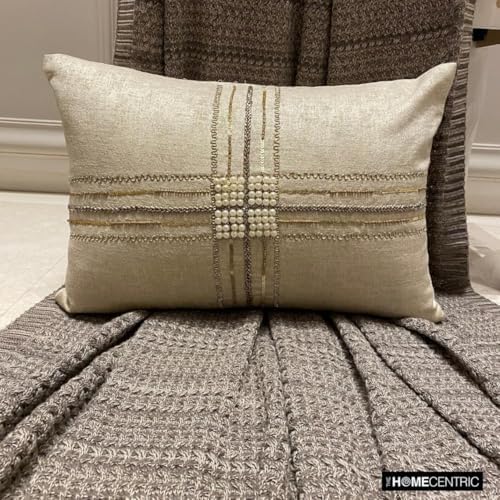 The HomeCentric Pack of 2 Decorative Lumbar Pillow Cover Gold, 12"x18" (30x45 cm) Jacquard Zardozi, Textured, Beaded, Hand Embrodiery Oblong Cushion Cover, Striped Modern Style - Zarae - Image 5