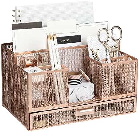 BLU MONACO | Rose Gold Desk Organizer with Sticky Note & File Holder | Metal Mesh Desktop Organizer with Large Drawer & 8 Compartments | Stylish Office, Vanity & Countertop Storage by Blu_Monaco
