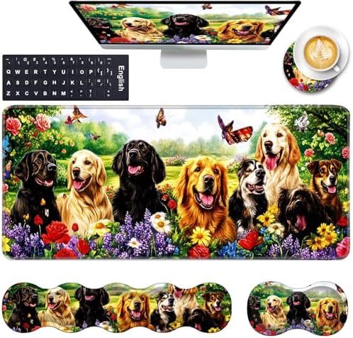 Keyboard Wrist Rest and Mouse Pad with Wrist Support Set Ergonomic Coaster,Memory Foam,Easy Typing Pain Relief,Large XL Desk Mat 31.5"x 11.8",Dog with Butterflies and Flowers by CICPLKSE
