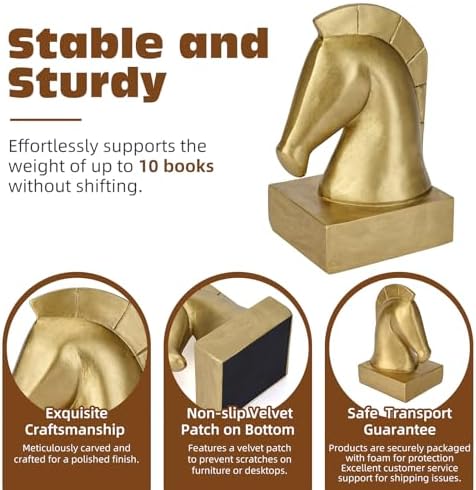 Gold Horse Bookends, Vintage Horse Head Book Ends for Heavy Books - Image 2