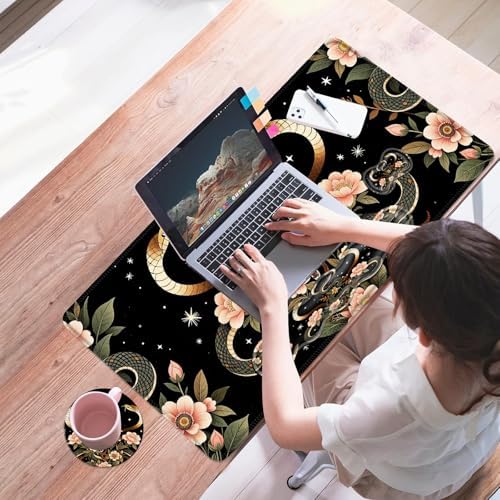 Mouse Pad,Large Desk Mat Set, 4in1 XL Mousepad + Keyboard Wrist Rest+Mouse Wrist Rest+Coaster with Ergonomic Desk Pad for Home Office Table Computer Cover -Aesthetic Snake Floral - Image 7