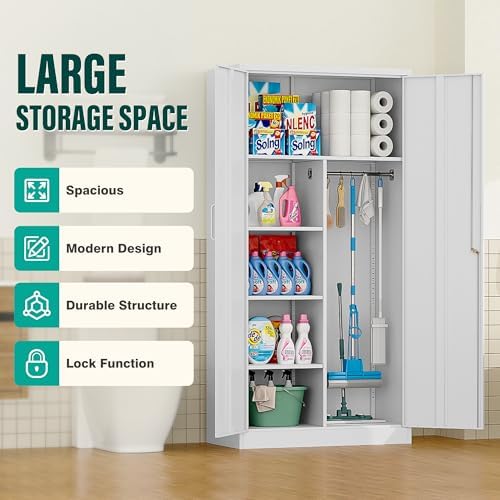 Wide & Deep Metal Storage Cabinet with Hanging Rod,White Broom Closet Storage Cabinet with Lock,72" Tall Wardrobe Cabinets with Doors and Shelves,Locking Steel Tool Cabinets for Home,Office,Garage - Image 6