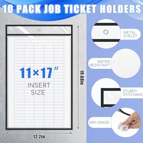 Feifeiya 10 Pack 11 x 17 Inch Job Ticket Holders, Dry Erase Pockets, Clear Paper Sleeves, Shop Ticket Holders, Writable and Erasable Document Cover, Transparent Pocket Cover(Black) - Image 2