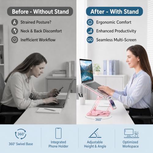 Laptop Stand for Desk,Adjustable Computer Stand with 360° Rotating Base,2-in-1 Laptop Stands with Phone Holder,Ergonomic Laptop Riser for Collaborative Work,fits for All 10-16" Laptops (Pink) - Image 5