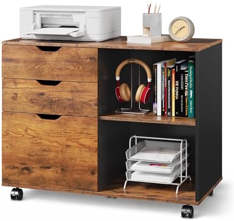 DEVAISE 3 Drawer Wood File Cabinet, Rolling Filing Cabinet with Open Storage Shelf, Printer Stand for Home Office Storage and Organization, Fits Letter/A4 Files (Rustic Brown, Recessed Pull) by DEVAISE