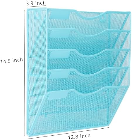 EASEPRES 5 Pocket Mesh Hanging Wall File Organizer, Wall Mounted Mail Paper Document Folder Holder, Clipboard Storage Organization Magazine Rack with Nametag Label for Office Home School, Blue - Image 4