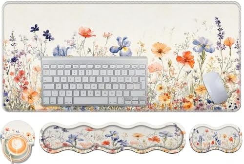 Keyboard Wrist Rest and Mouse Pad Set,31.5x11.8 Inches Desk Mat,Waterproof Non-Slip Ergonomic Wrist Support for Pain Relief,Extended Desk Protector for Office Home Gaming,Wildflower Pattern by Unknown