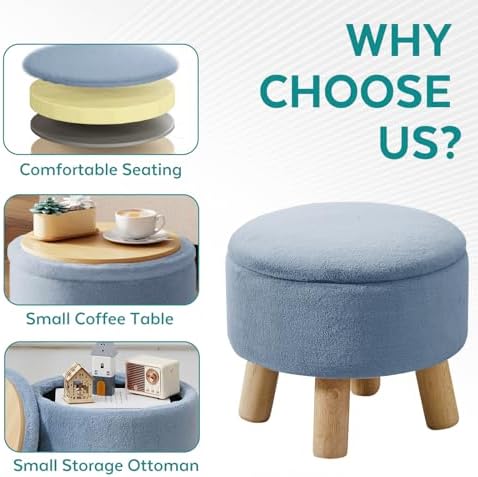Small Foot Stool Ottoman with Storage, Soft Faux Fur Ottoman Foot Rest for Couch, Round Footstool with Storage, Small Ottomans and Footstools for Living Room and Entryway (Light Blue) - Image 3